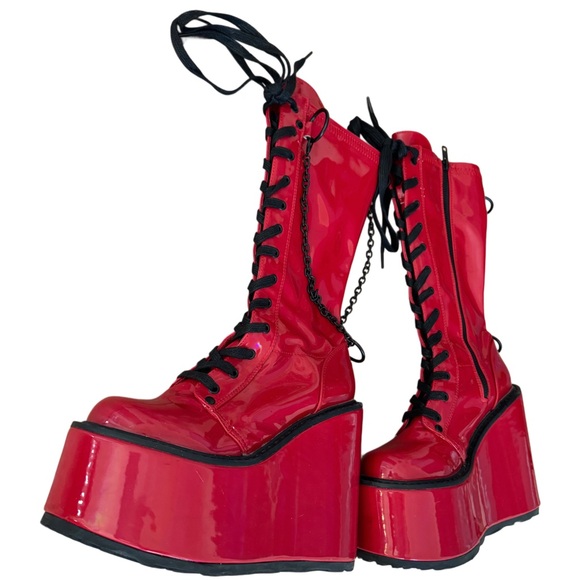 Demonia red faux leather lace-up platform boots with chain detailing and 7" heel - Picture 2 of 8